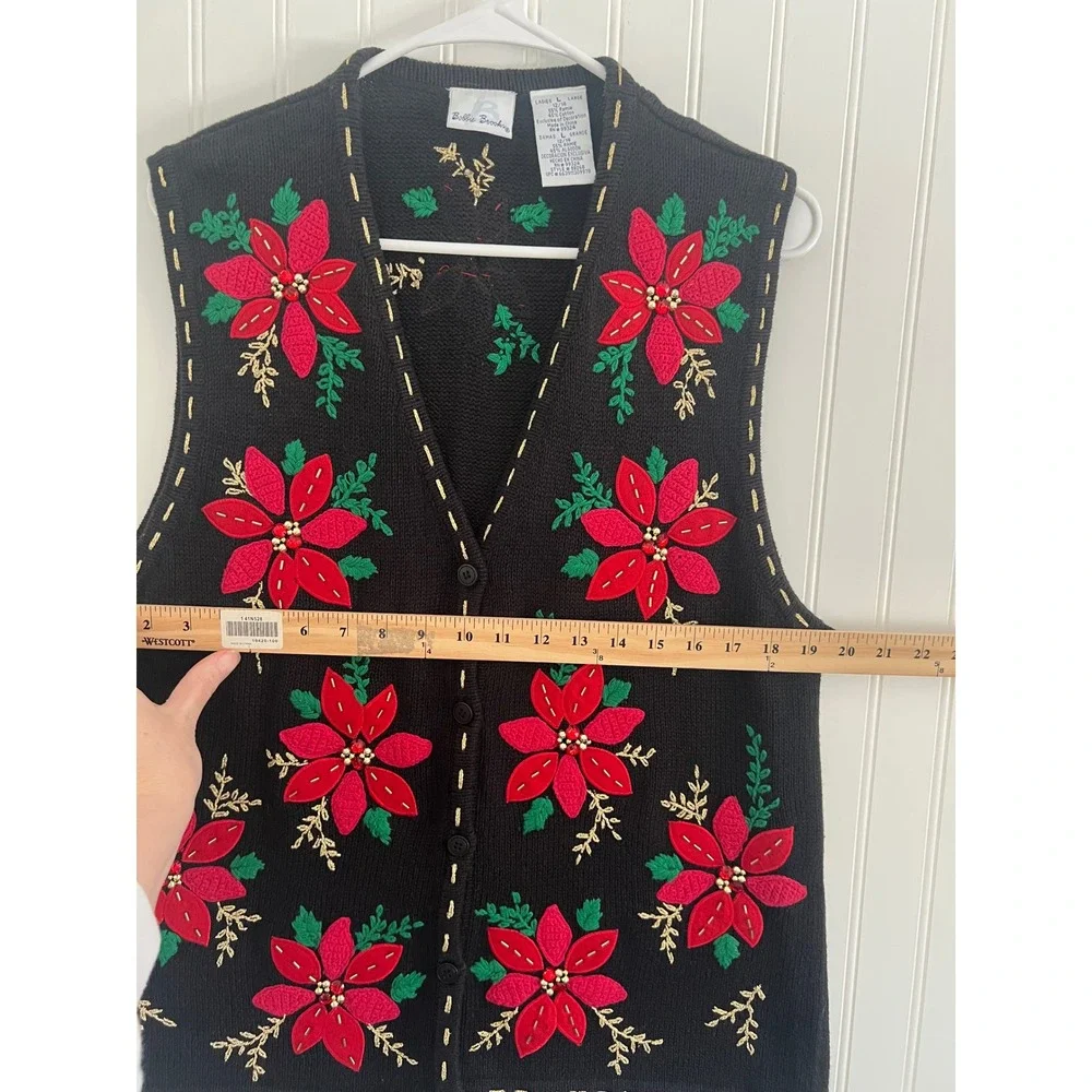 Bobbie Brooks Christmas Sweater Vest Large Black Poinsettia Beaded Holiday‎ - Picture 8 of 8
